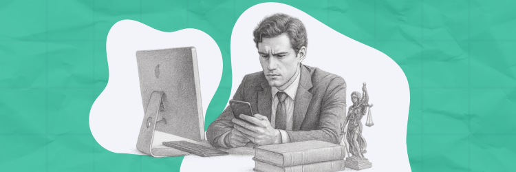 Solo estate planning attorney using smartphone at desk, leveraging technology to compete with larger firms