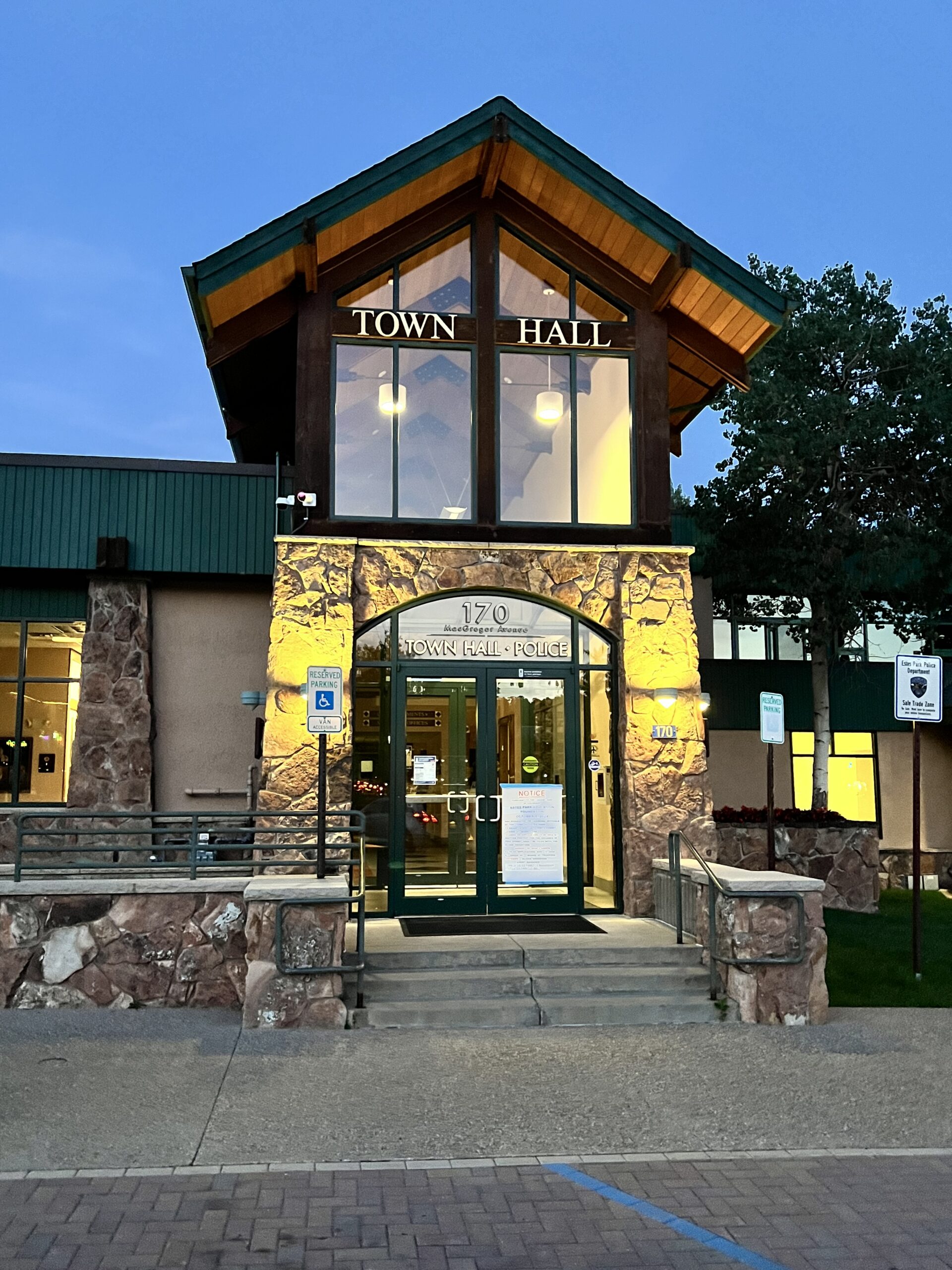 Estes Park Town Hall at twilight.