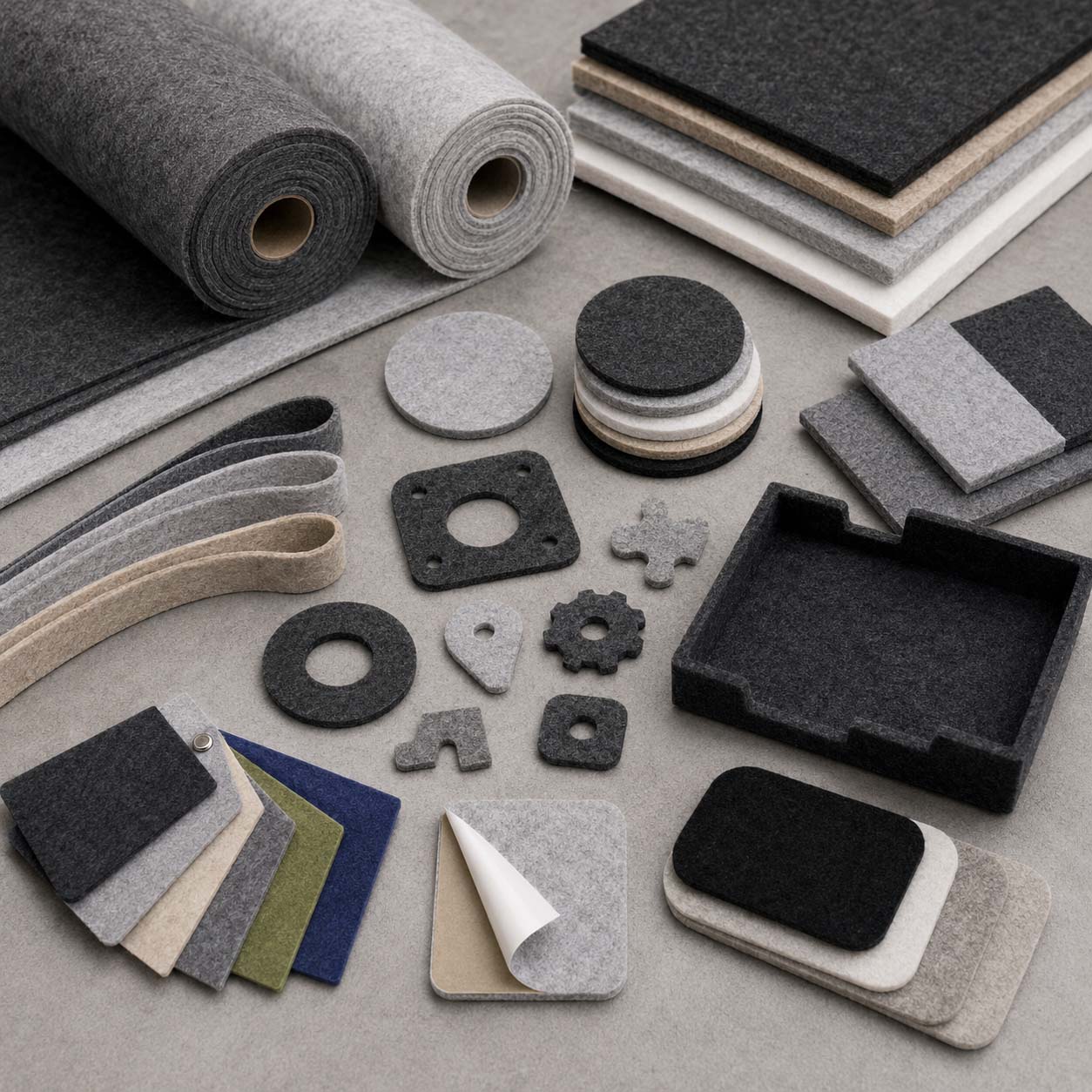 Custom die cut adhesive polyester felt products including felt sheet, felt roll, felt pad and felt strip
