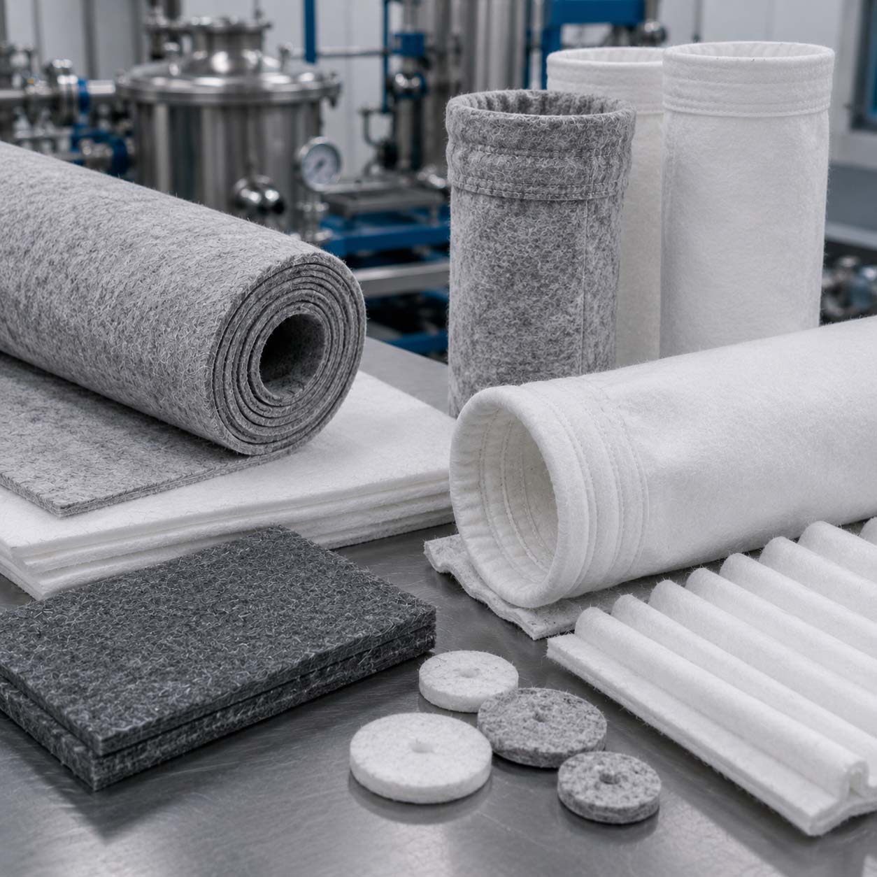 Hardened recycled PET needlepunched polyester felt for industrial filtration and polishing