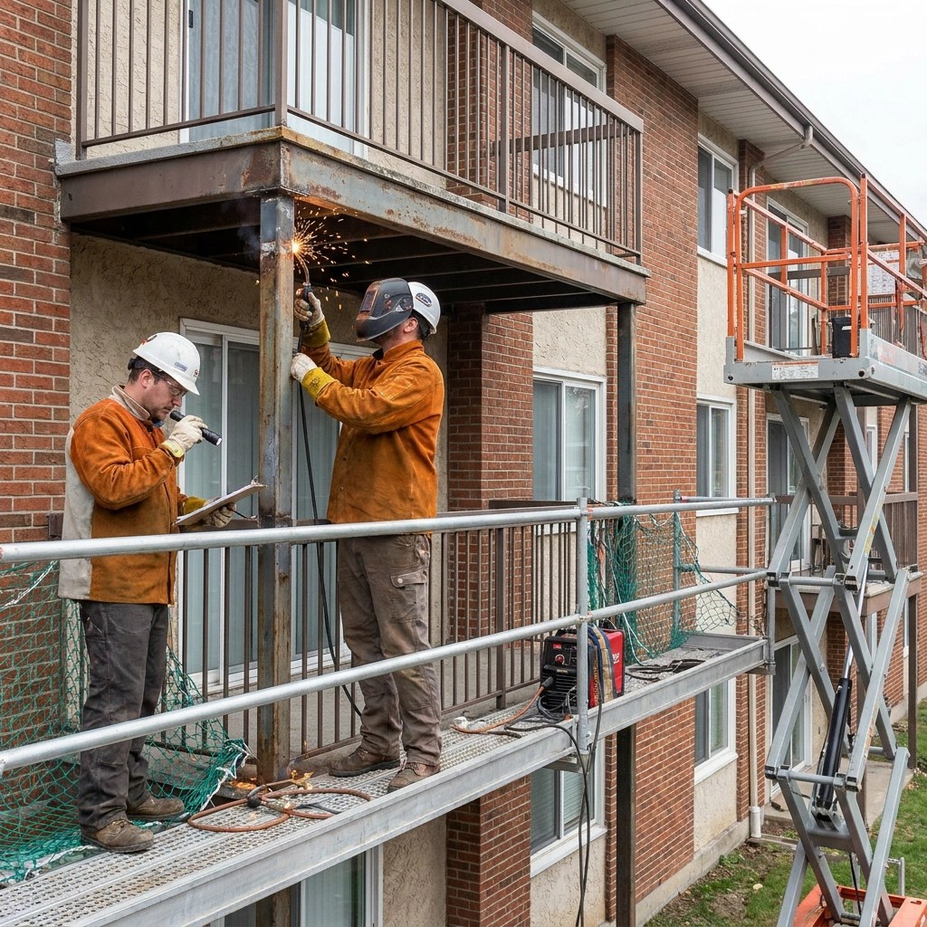 An inspector reviews a welded balcony support column on an apartment building scaffolding on the Peninsula.