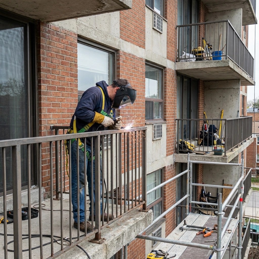 A worker in a safety harness welds a brown metal railing on a multi-story apartment balcony on the Peninsula.