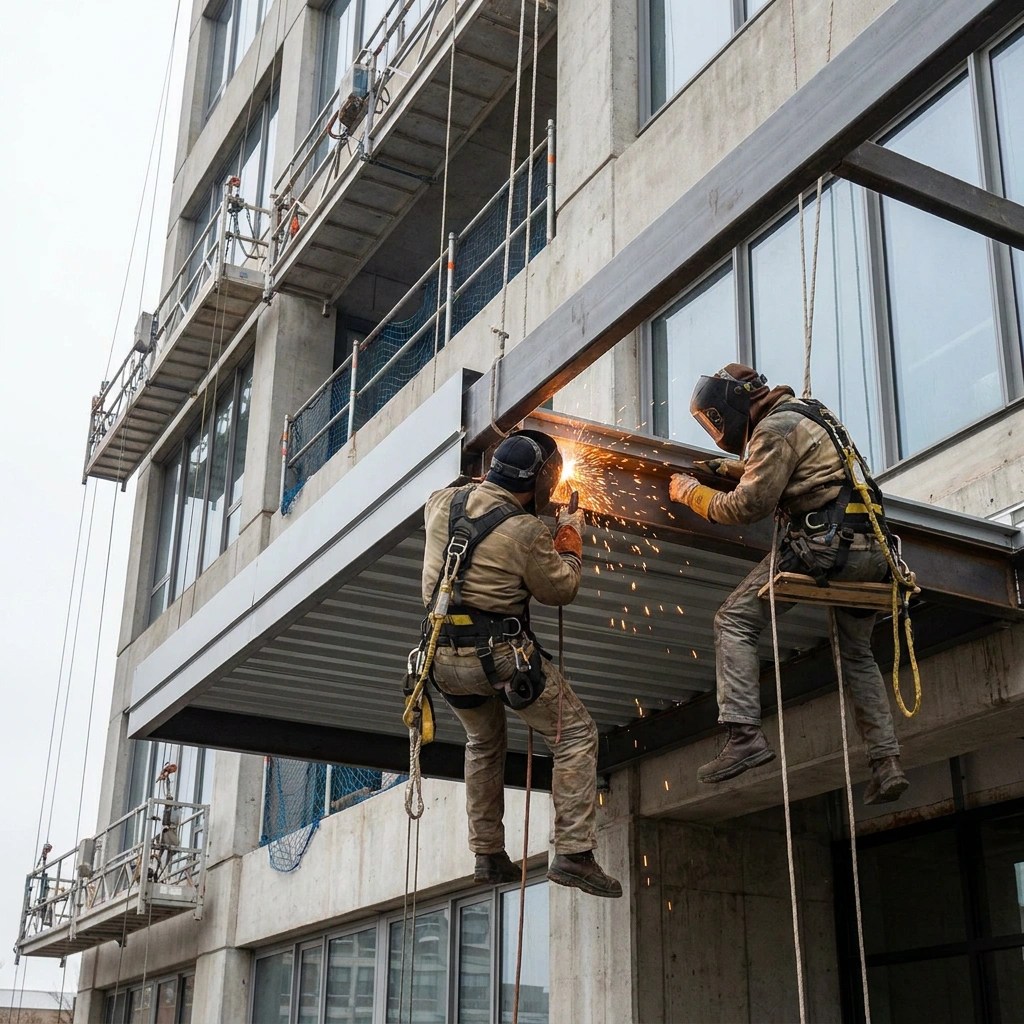 Rope-access technicians weld high-rise elevated canopy steel beams on a commercial building on the Peninsula.