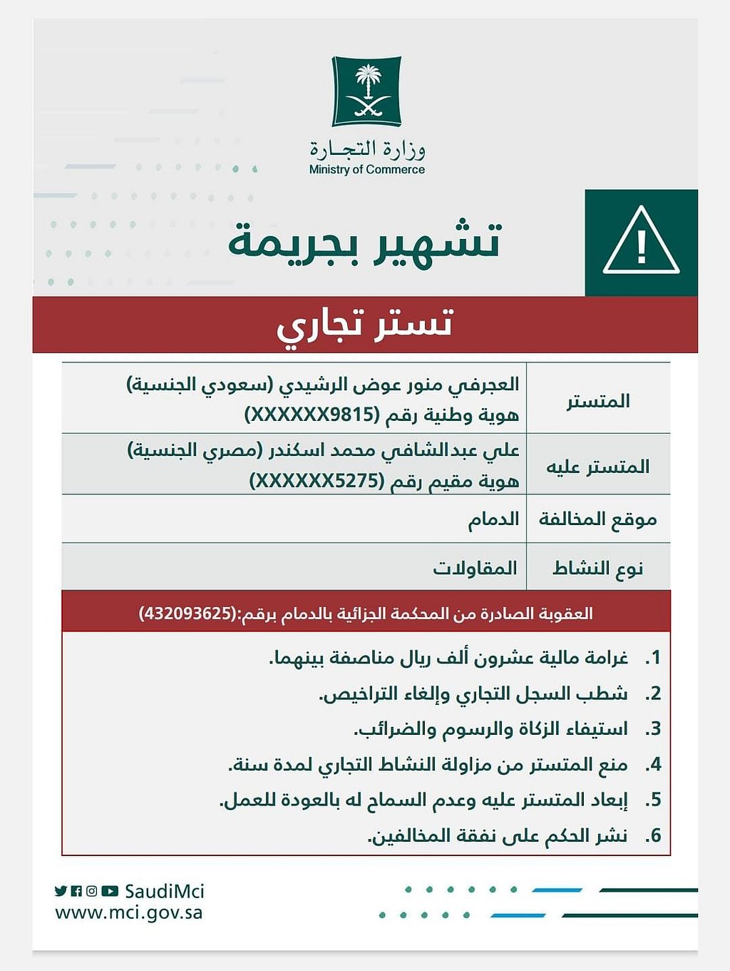 “التجارة” تُشهِّر بمواطن ومقيم ارتكبا جريمة التستر في المقاولات بالدمام
