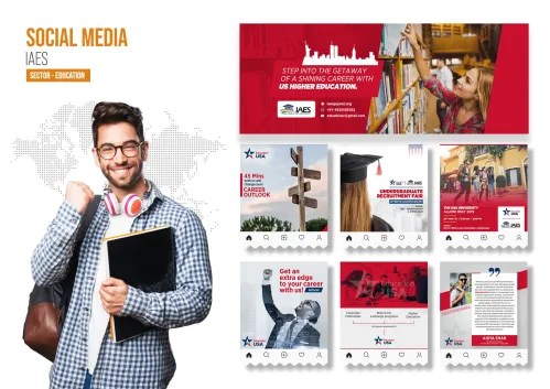 Social media design showcase for JAES, featuring various templates and a student visual, representing a client's work masterpiece in digital marketing or education branding.