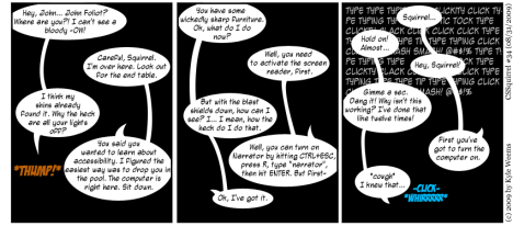 Imaginary dialogue in pitch darkness between a blind person and sighted person who attempts to use a computer as if he were blind.