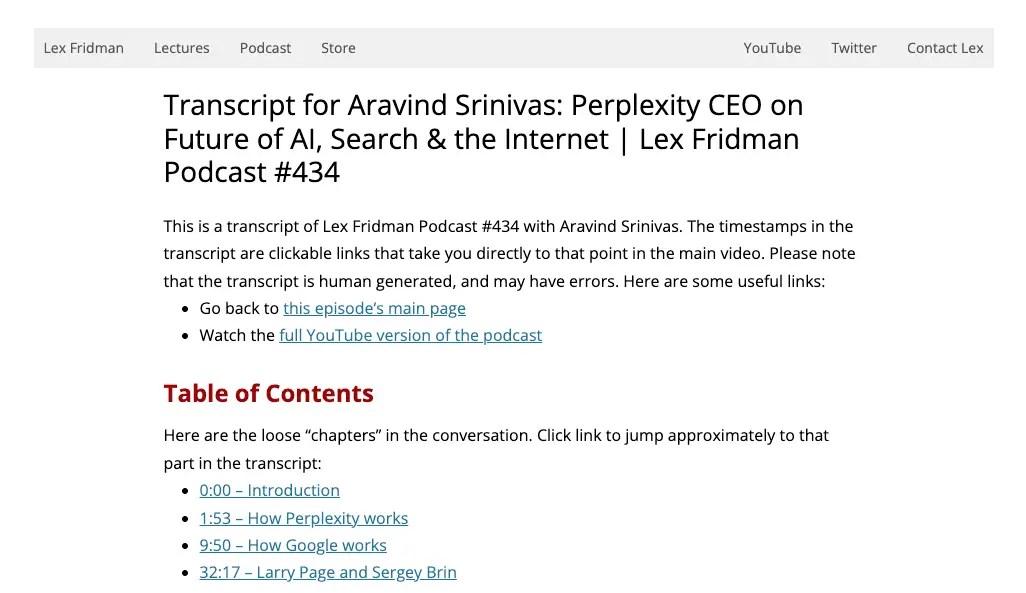 Transcript for Aravind Srinivas: Perplexity CEO on Future of AI, Search & the Internet | Lex Fridman Podcast #434