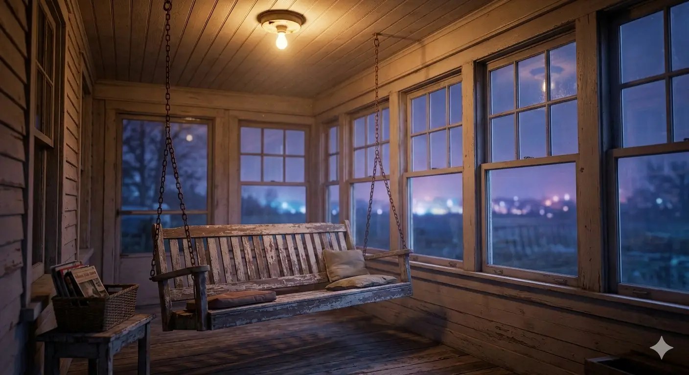 This interior photograph of a rustic, enclosed farmhouse porch at night, with its weathered swing and solitary light, embodies the kind of quiet, atmospheric tension that often inspires why I write dark stories. The scene features a worn wooden swing with pillows suspended by chains under a single warm tungsten ceiling light. Large, multi-paned windows provide a cool-toned view of a distant, blurry city skyline across an open field. A small table with a basket of magazines sits to the left, adding to the sense of a still and isolated space