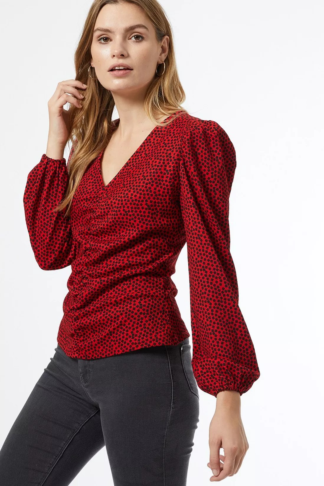 Red Spot Print Ruched Textured Top