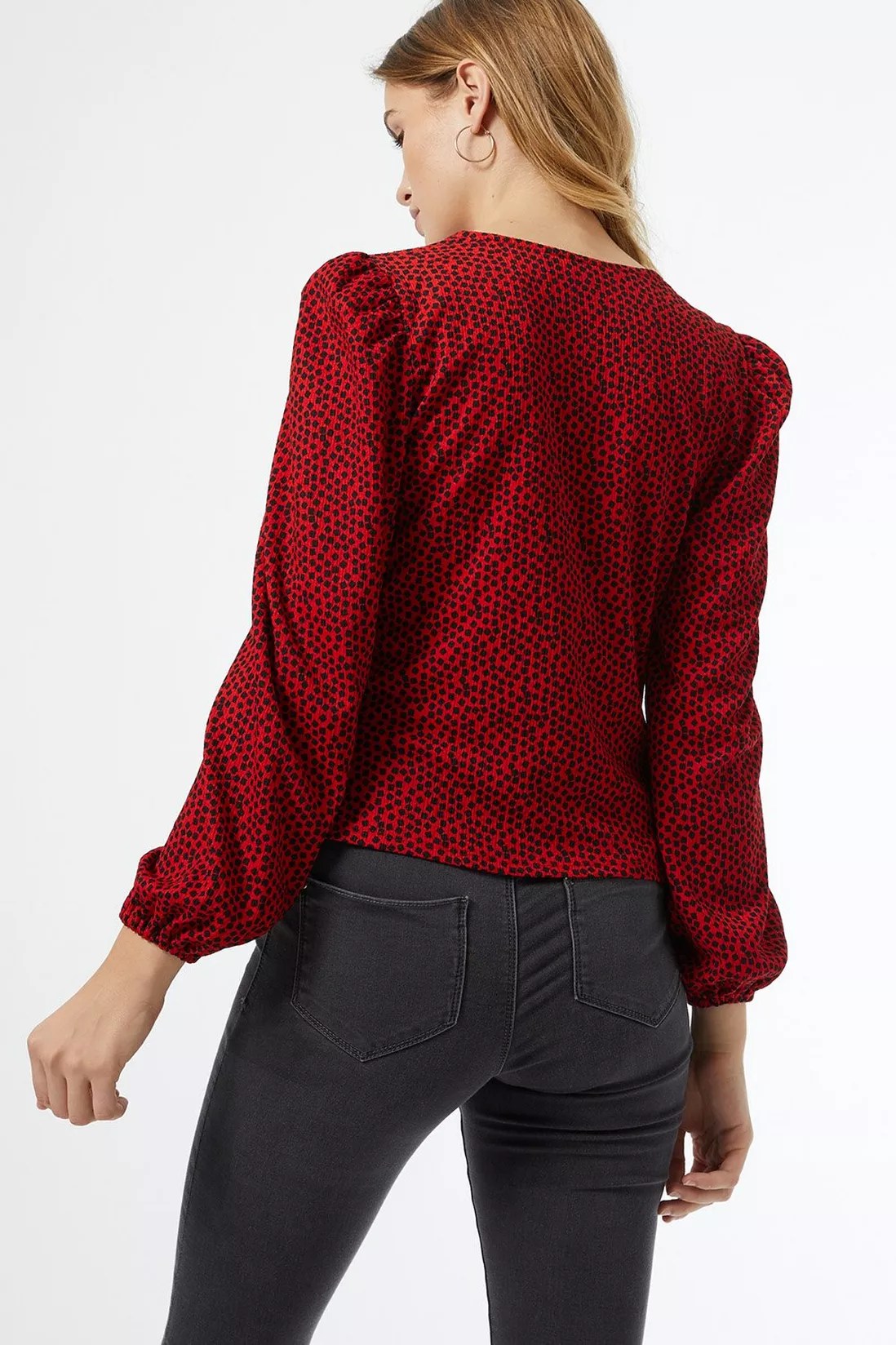 Red Spot Print Ruched Textured Top