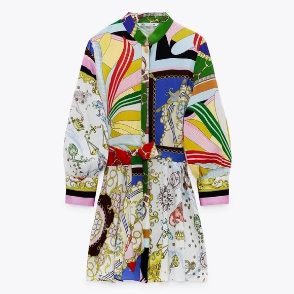 Long Sleeve Belted Print Dress