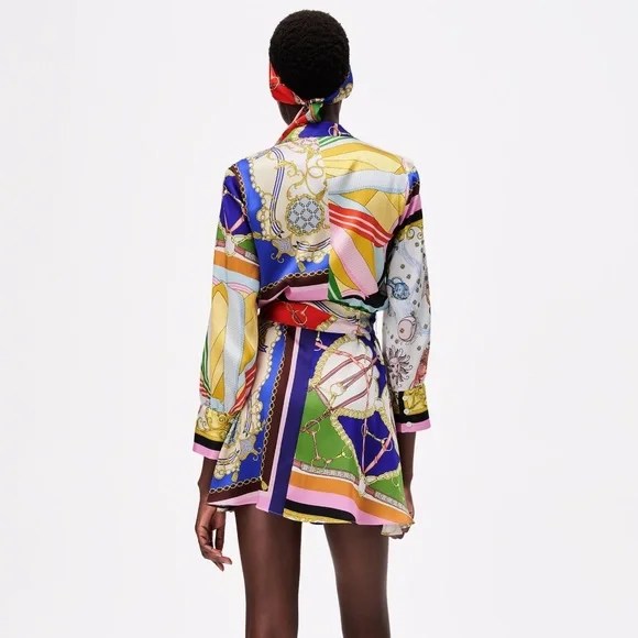 Long Sleeve Belted Print Dress