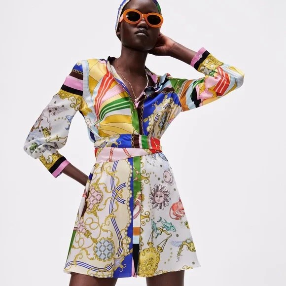 Long Sleeve Belted Print Dress