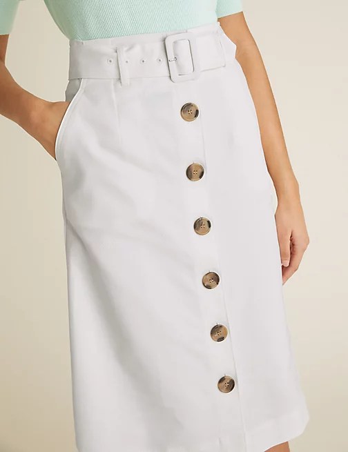 Marks And Spencer White Button Front Midi A-line Skirt