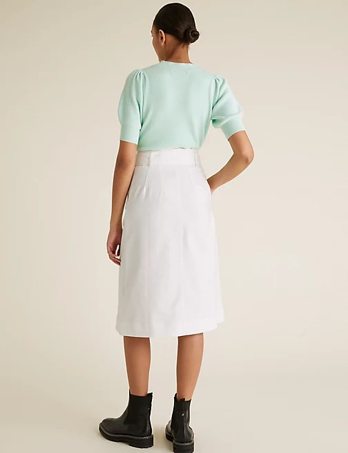 Marks And Spencer White Button Front Midi A-line Skirt