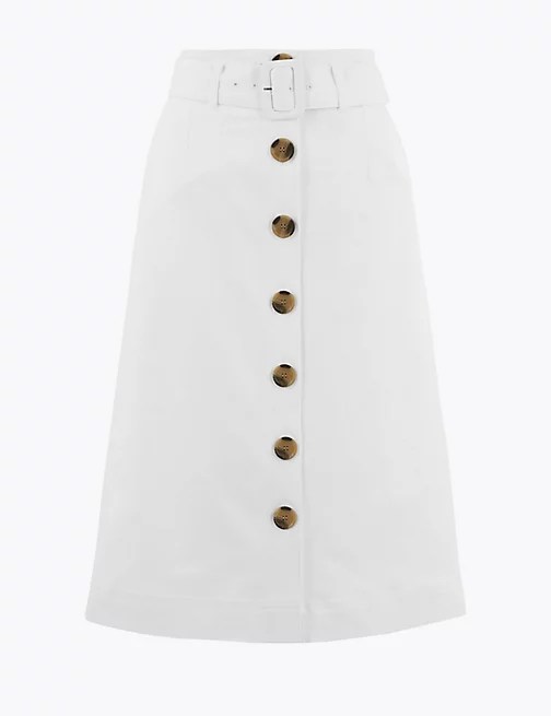 Marks And Spencer White Button Front Midi A-line Skirt