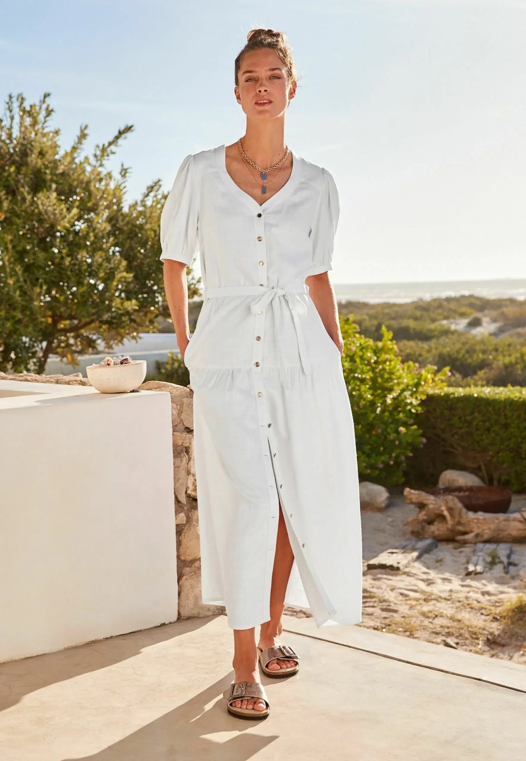 White  Linen Blend Button Down Midi Dress