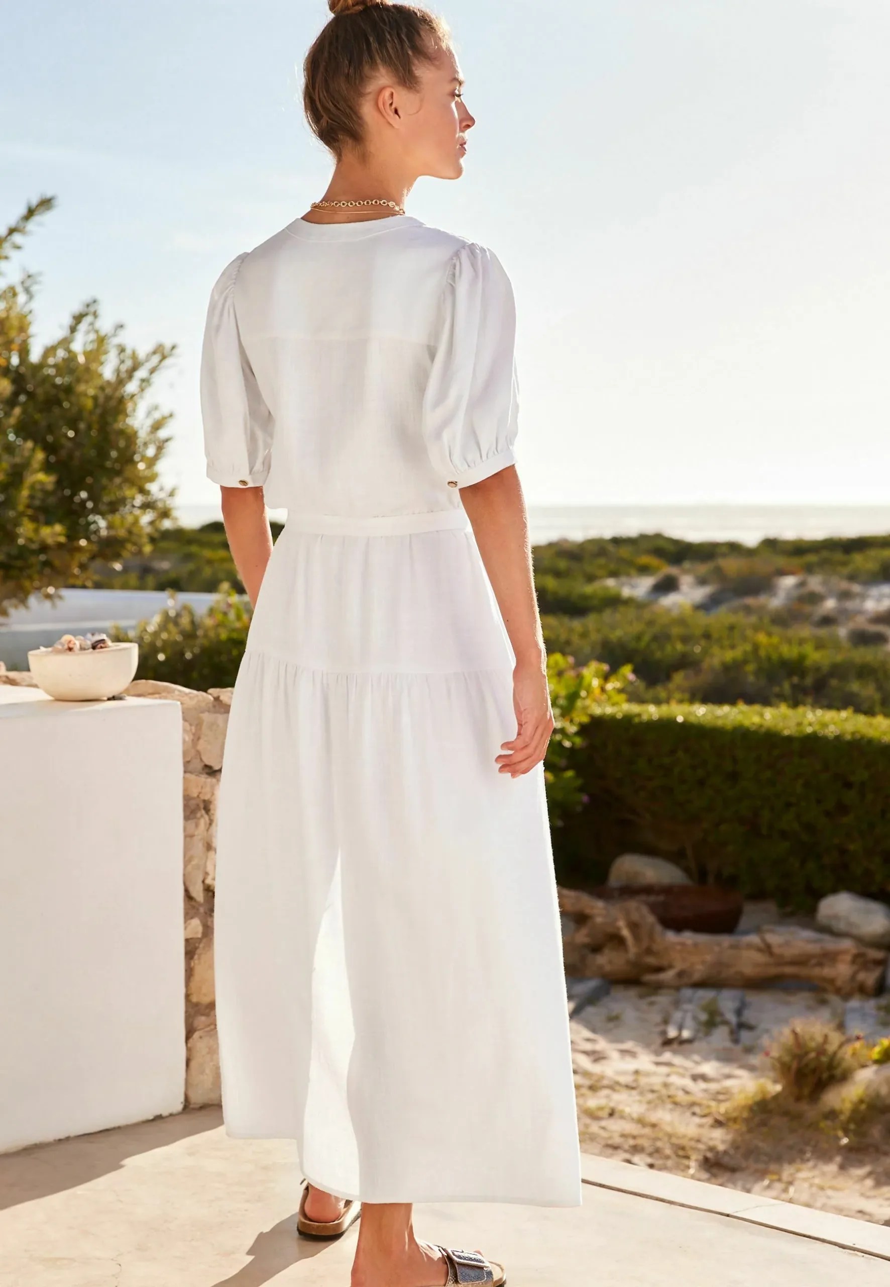 White  Linen Blend Button Down Midi Dress