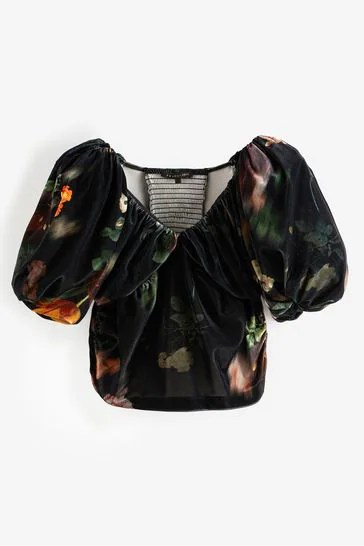 Next Black Floral Velvet Preen V-neck Short Puff Sleeve Top