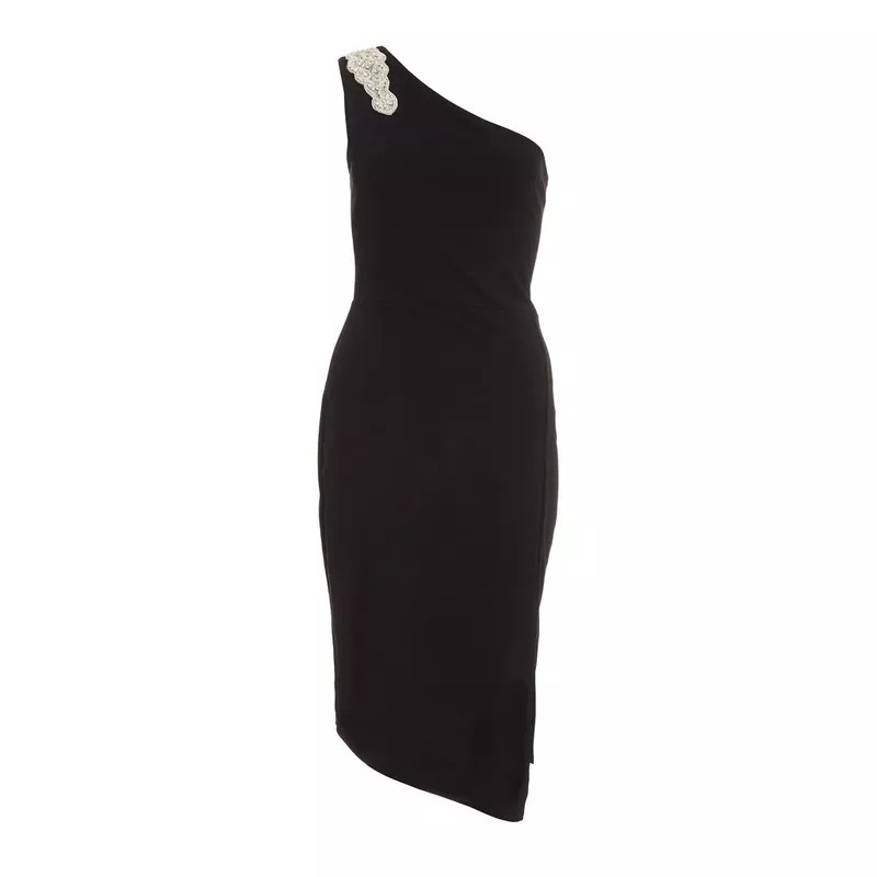 Quiz black one shoulder embellished midi dress