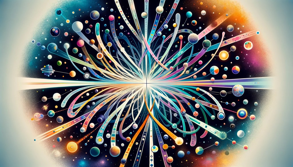 An artistic representation of parallel universes branching out from a single quantum event.