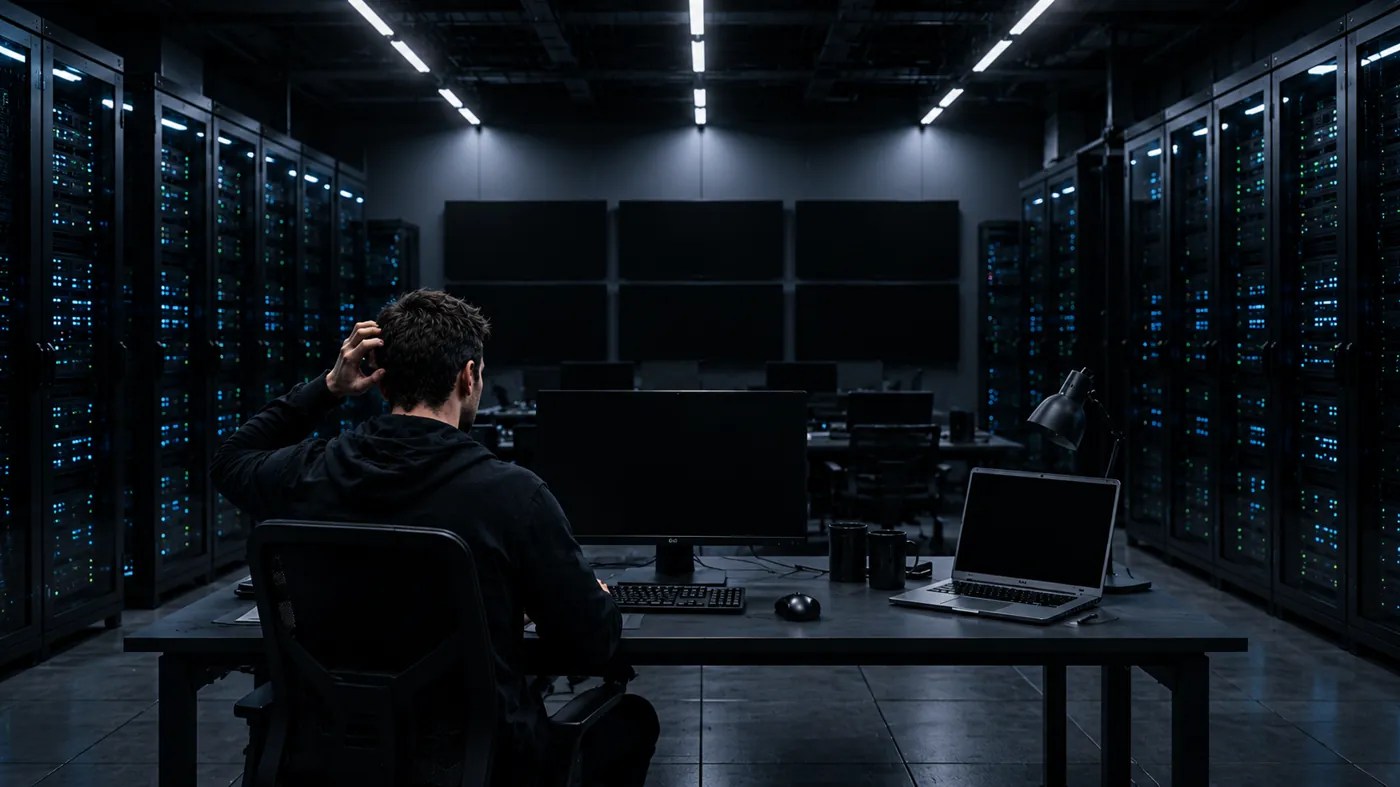 Denial AI bot interview inside a dark futuristic data centre during system collapse