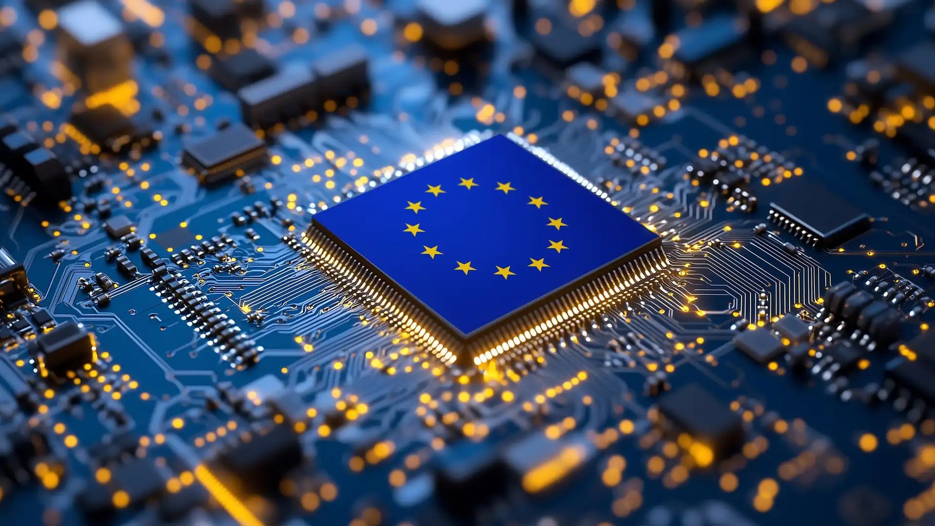 Circuit board chip printed with the EU flag, representing Generative Engine Optimization
