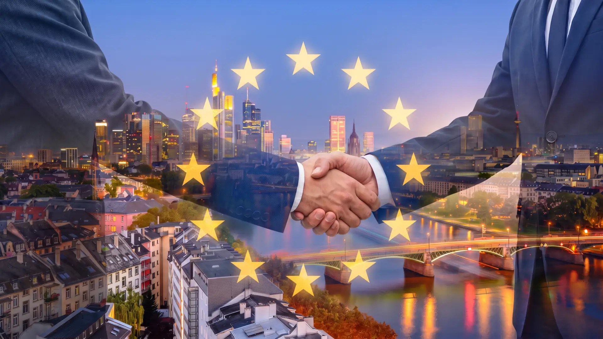 Business handshake over a European city skyline framed by EU stars, for Answer Engine Optimization