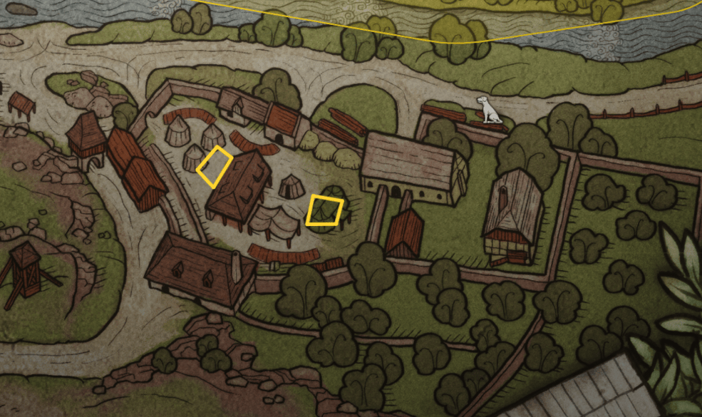 Kingdom Come Deliverance 2 Feast for the Poor: The wine is at the left yellow box location. The sausages is at the right yellow box location.