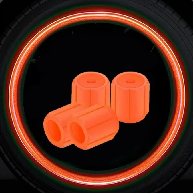 UNIVERSAL FLUORESCENT  ORRANGE CAR TYRE  VALVE CAP  GLOW IN DARK FOR ALL CAR 4PCS SET