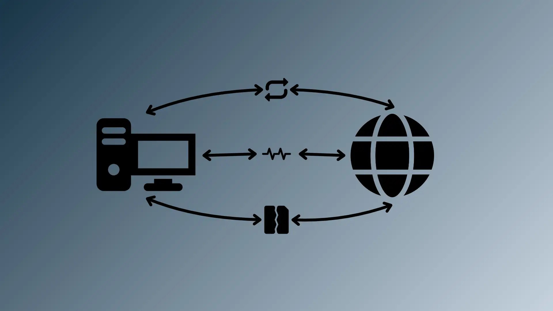 A computer icon connects to a globe icon via directional arrows and networking symbols.