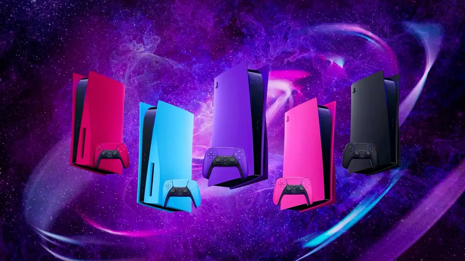 Five colorful PS5 consoles and controllers floating in a galaxy-themed background.