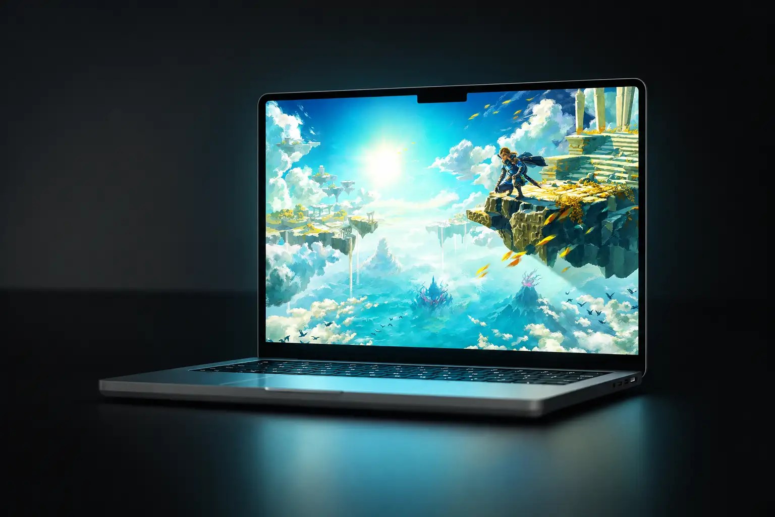A sleek laptop displays a vibrant sky-themed wallpaper featuring floating islands and ancient ruins.