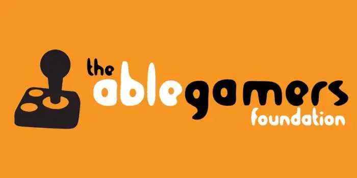 The AbleGamers Foundation logo features a retro joystick and playful text on an orange background.