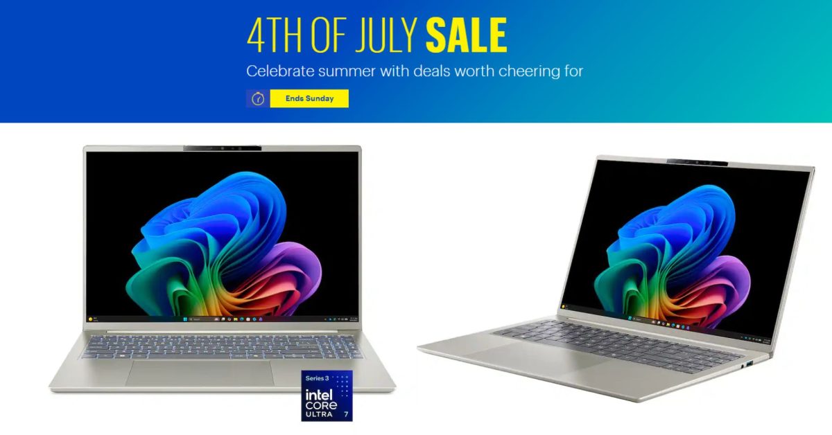 An advertisement for a 4th of July sale featuring two Acer Swift Go 16 laptops.