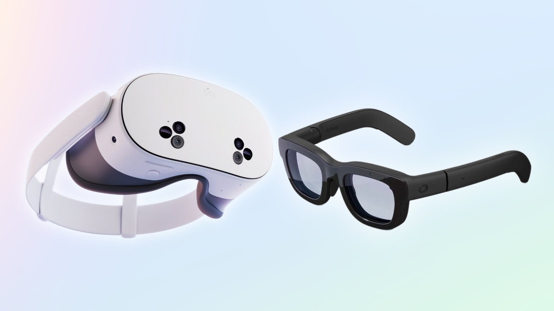 Side-by-side view of a white VR headset and a pair of black AR smart glasses against a pastel gradient background