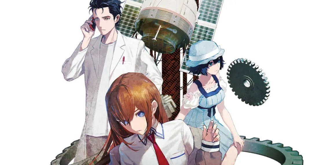 Three anime characters pose together against a white background featuring a satellite, gears, and binary code.