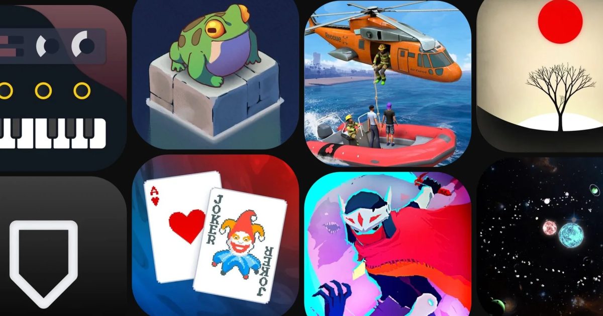 A grid of eight colorful App Store game icons, featuring a frog, a helicopter rescue, and playing cards.