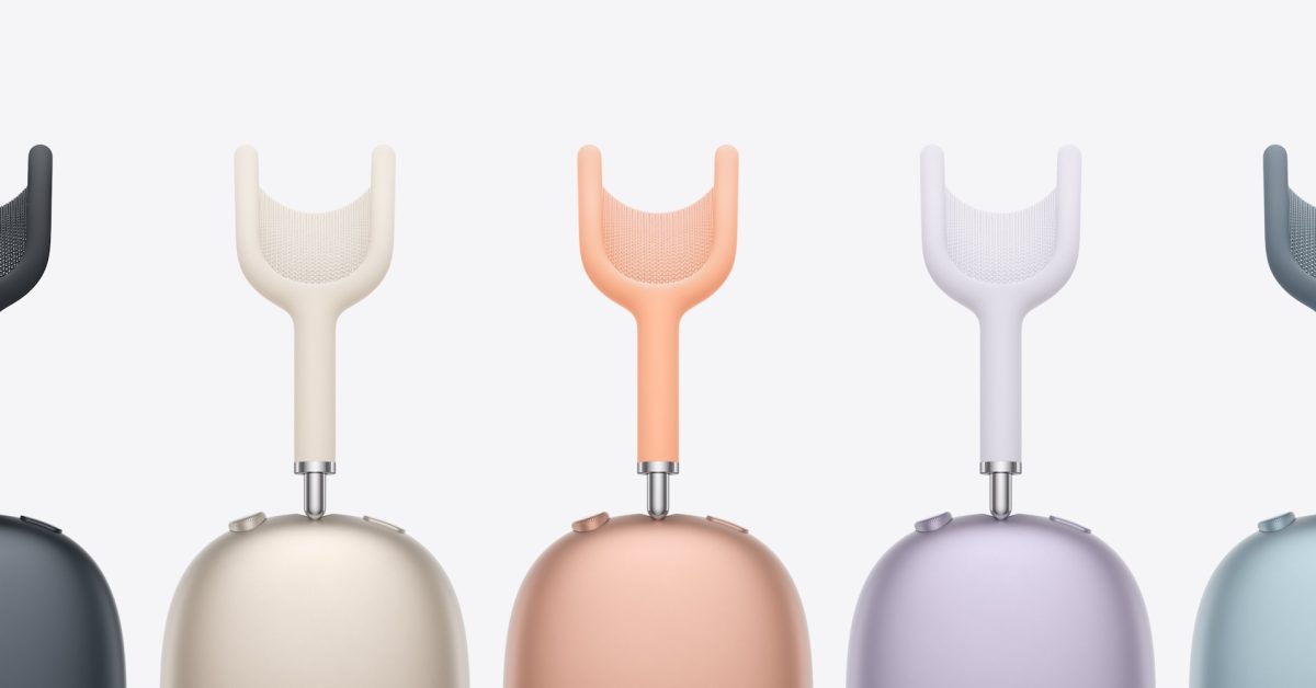 Five Apple AirPods Max headphones in different colors are lined up side-by-side against a white background.