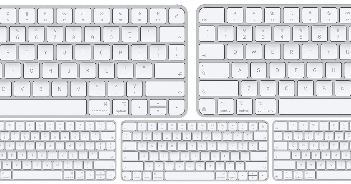 Multiple Apple Magic Keyboards displayed in a grid show various layouts and key configurations.