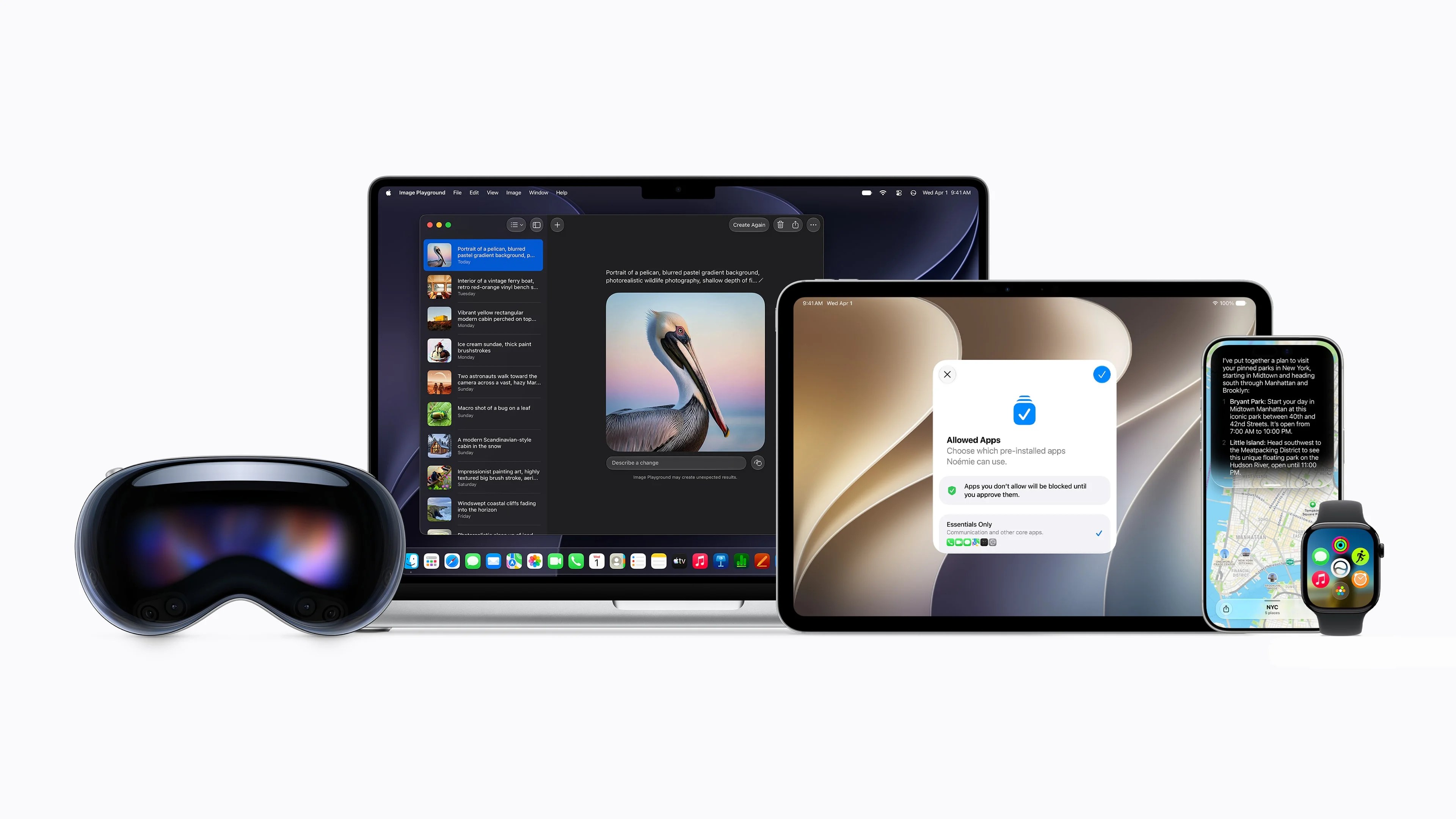 An Apple device lineup displaying various operating system updates, including a MacBook, iPad, iPhone, Apple Watch, and Vision Pro.