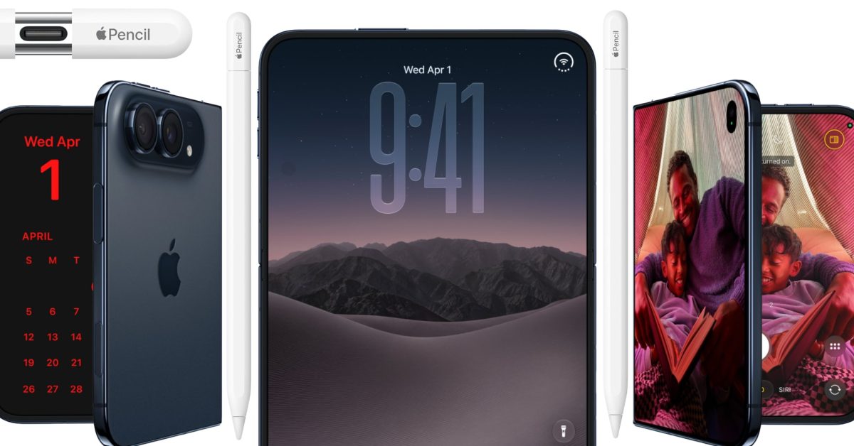Apple Pencil units flank various iPhone models displaying a calendar and a family photo.