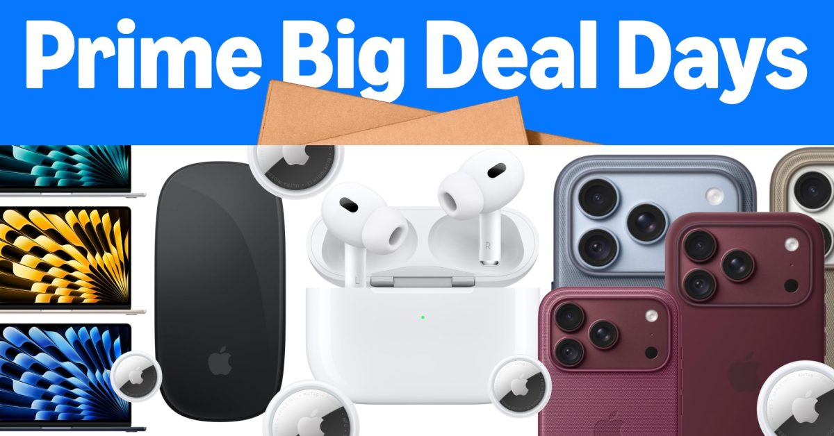 A promotional banner for Prime Big Deal Days featuring various Apple products like iPhones and AirPods.