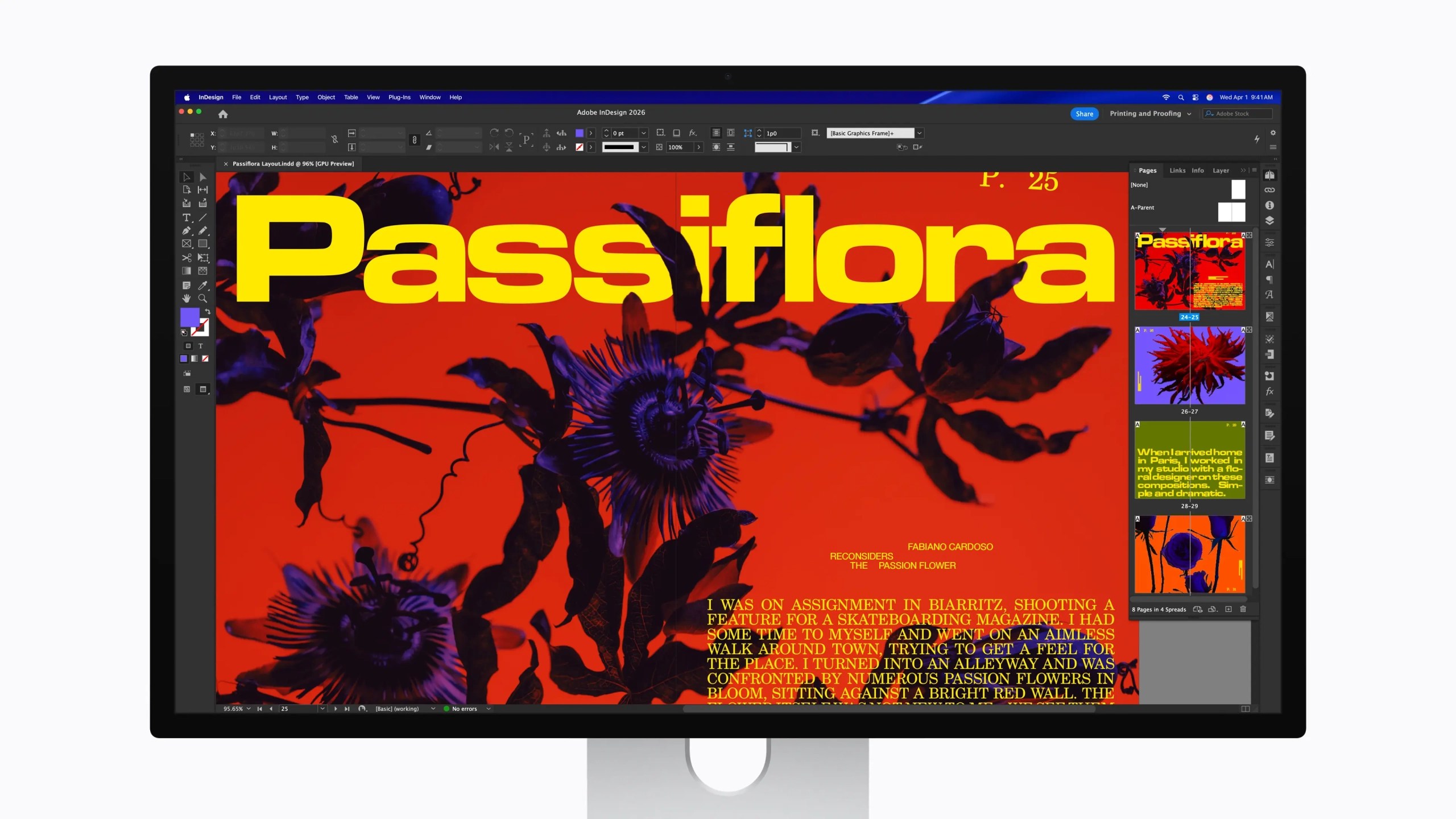 A colorful graphic design layout featuring the word 'Passiflora' in large yellow text on a bright red background, adorned with images of passion flowers. The layout is displayed on a computer screen and includes text describing an experience related to the flowers.