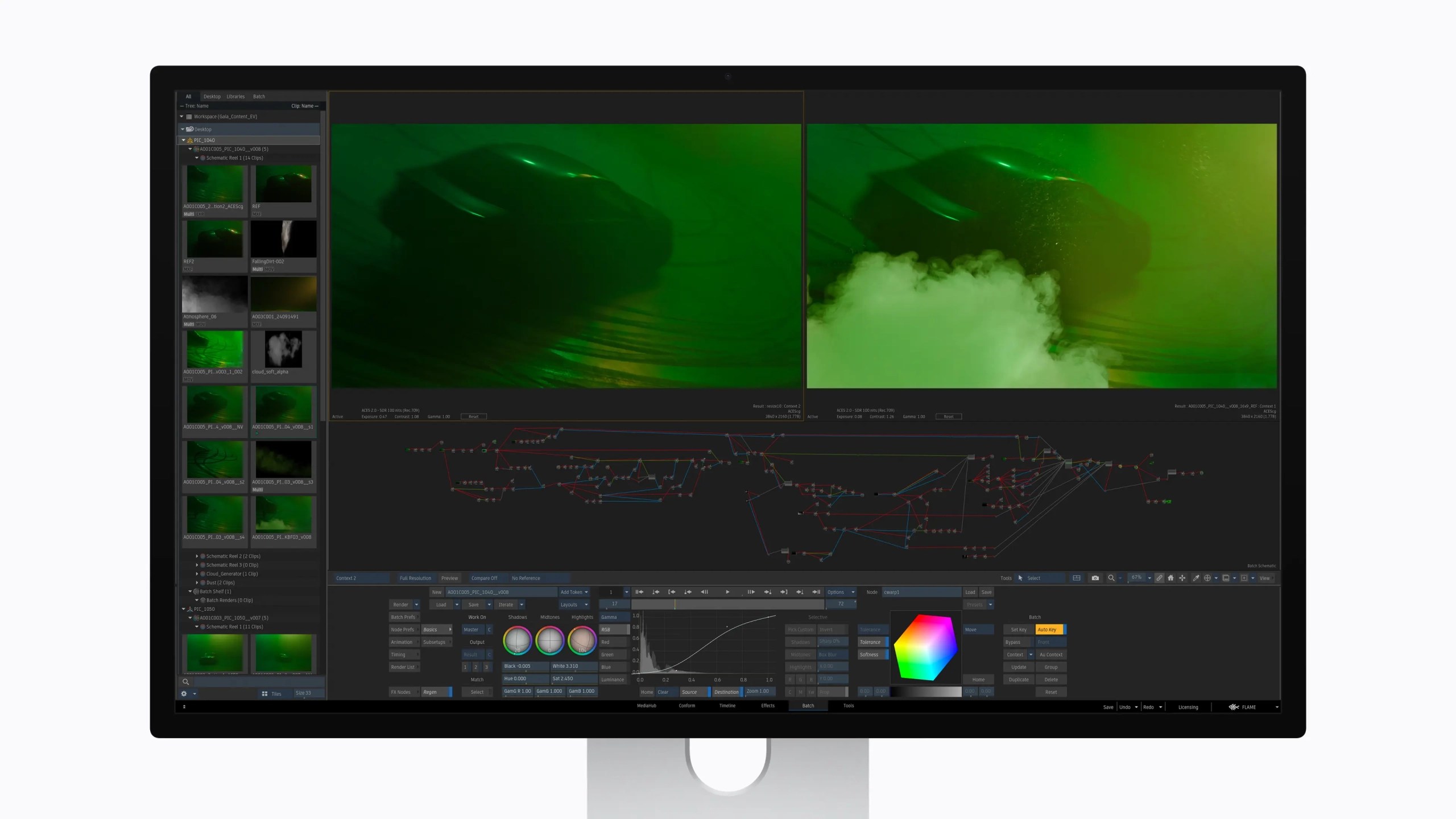 A computer monitor displaying video editing software with two images of a car in a green-toned environment, alongside various editing tools and a timeline.