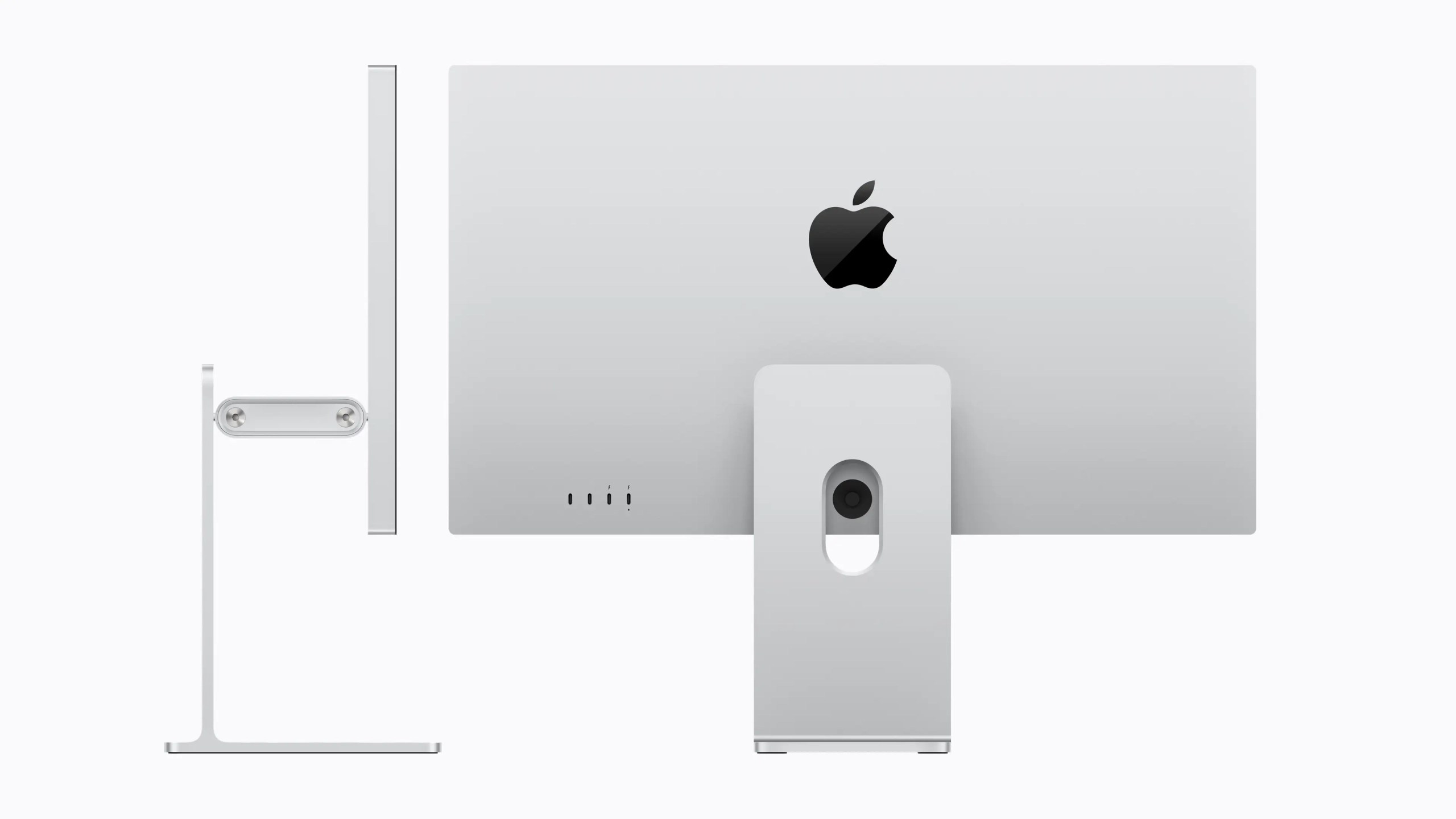 Back view of a sleek, modern Apple computer monitor, showcasing the logo and minimalist design with a solid stand.