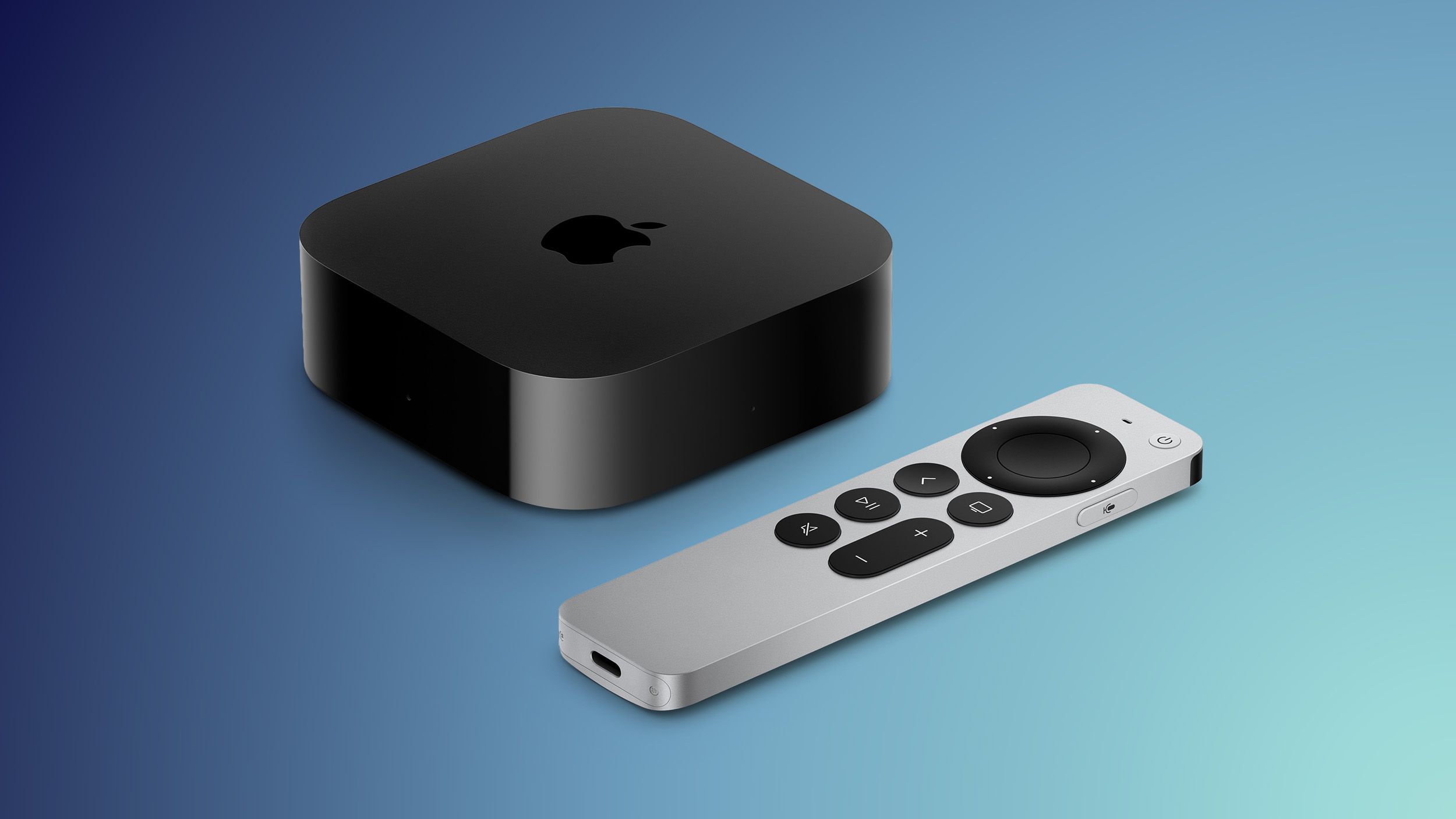 A black Apple TV streaming device sits beside its matching silver remote on a gradient background.