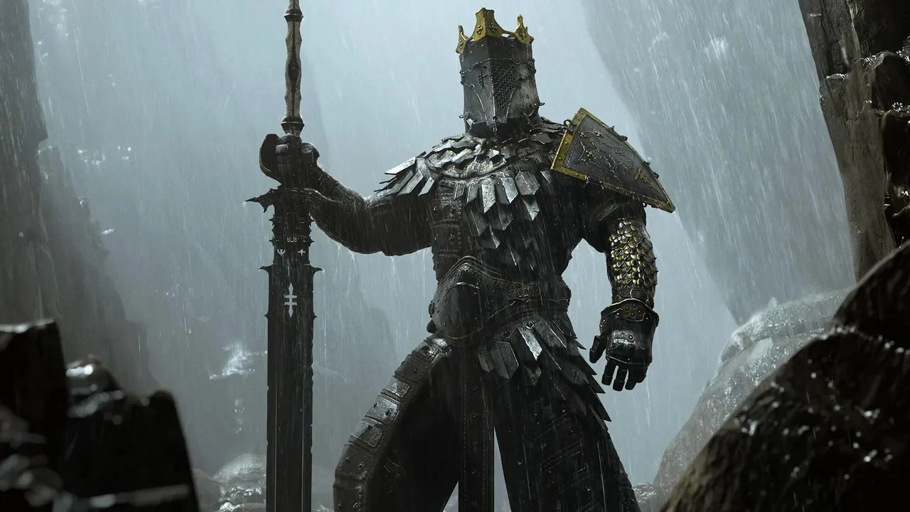 An armored knight wearing a gold crown stands in the rain while holding a large sword.