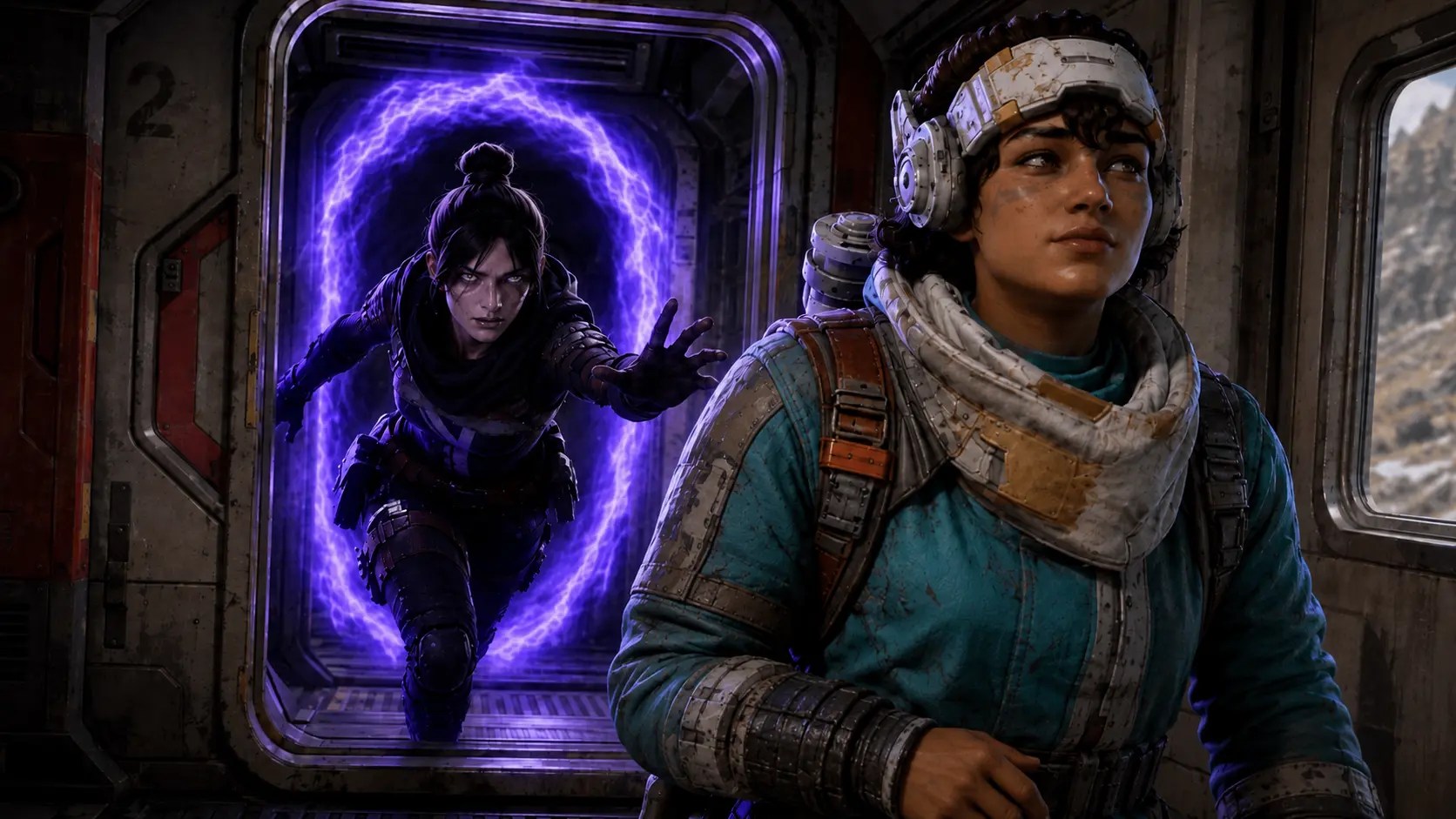 Wraith emerges from a glowing purple portal behind Vantage inside a metallic compartment in Apex Legends.