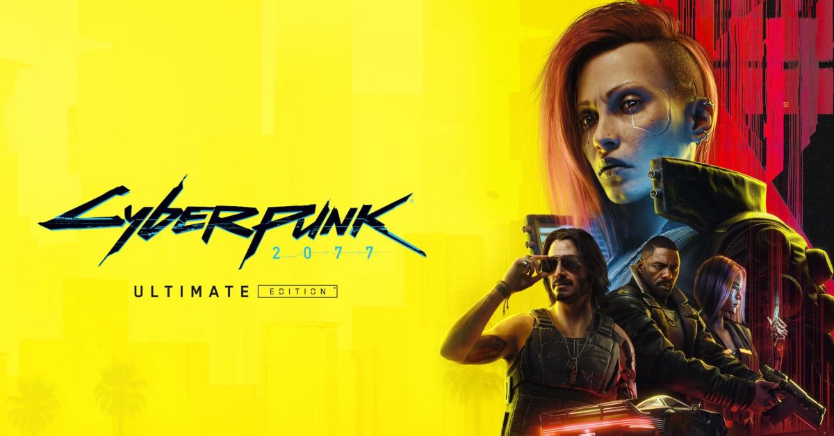 Cyberpunk 2077 Ultimate Edition promotional art features the game logo alongside several central characters against yellow.